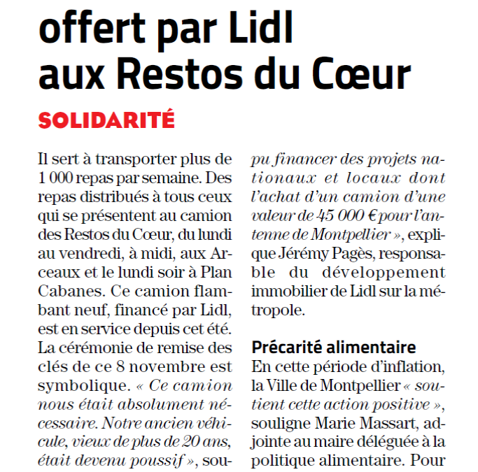 Solidarité Restos du Cœur (Marie Massart, Mustapha Laoukiri, Stéphane Jouault – Midi Libre 10.11.2022)