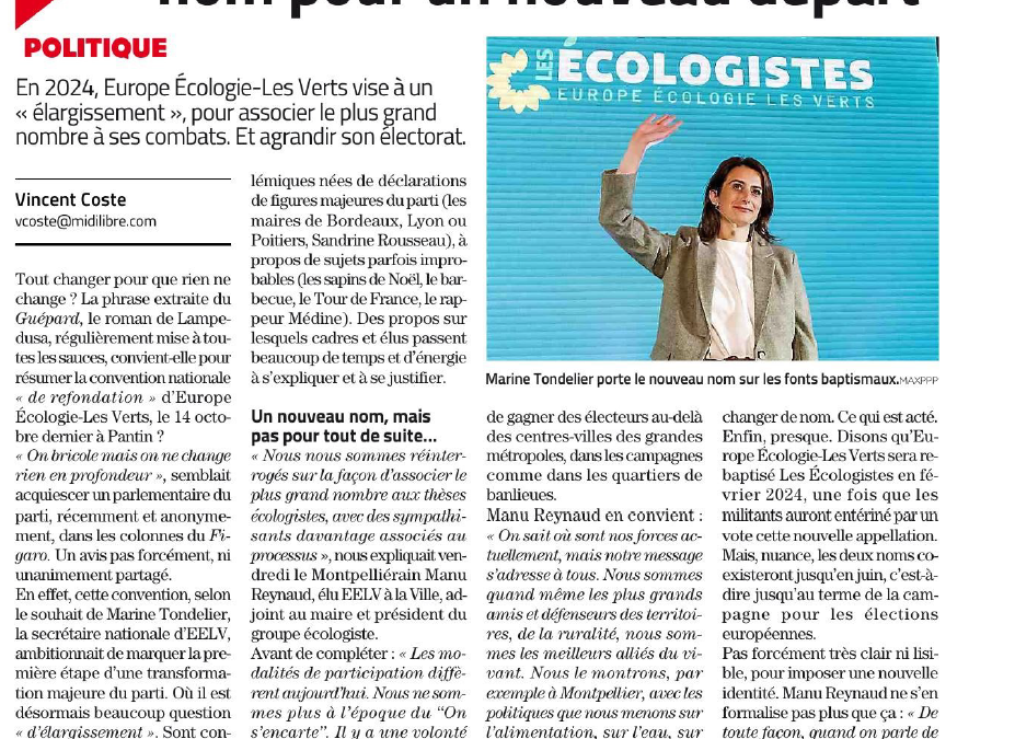 Les Écologistes sont lancés : réaction de Manu Reynaud (Midi Libre du 22.10.2023)