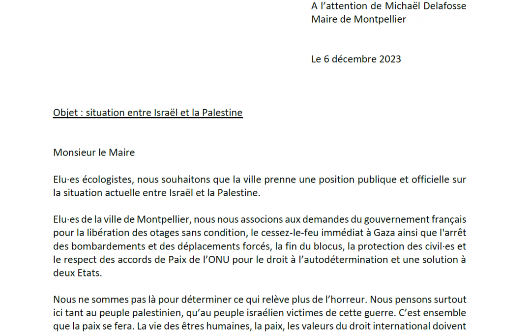 Courrier au Maire : conflit Israël-Palestine (6 décembre 2023)