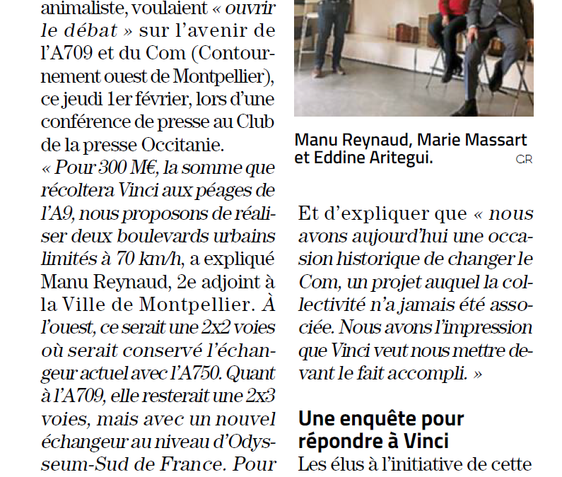 COM et A709 : « Pour des boulevards urbains à la place de l’A709 et du COM » (Manu Reynaud – Midi Libre 02022024)