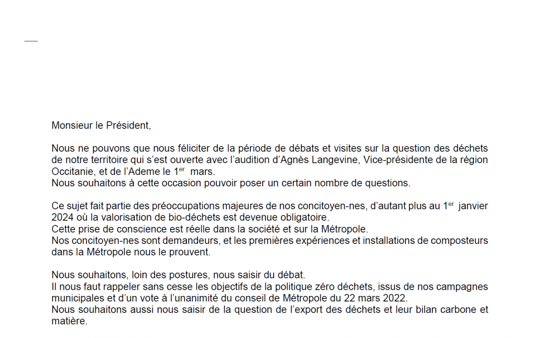 Gestion des déchets sur la métropole : Manu Reynaud écrit à Michaël Delafosse et au membres du conseil de métropole (14 mars 2024)