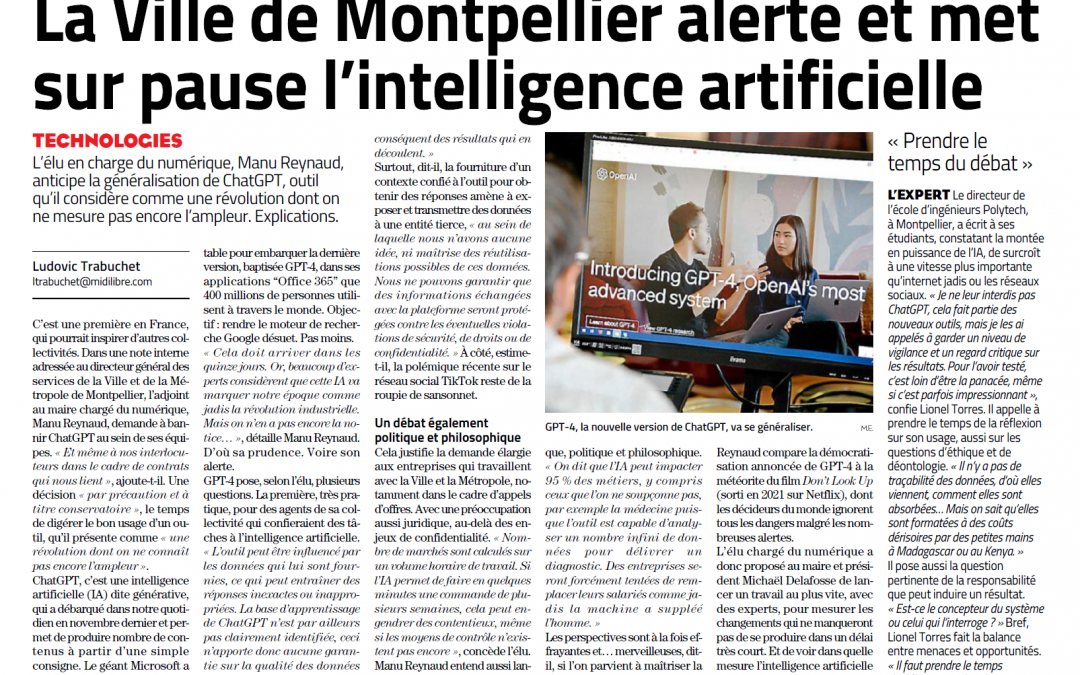 La ville de Montpellier alerte et met sur pause l’intelligence artificielle (Manu Reynaud – Midi Libre 28 mars 2023)