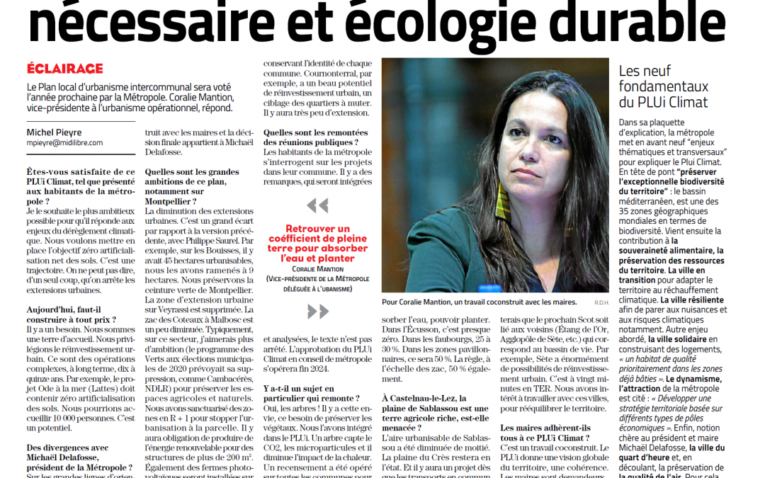 Interview de Coralie Mantion sur le PLUi (Midi Libre du 8 avril 2023)