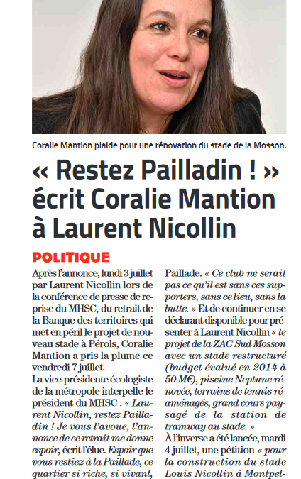 « Restez Pailladin ! » écrit Coralie Mantion à Laurent Nicollin après l’annonce de difficultés dans le projet de nouveau stade à Pérols