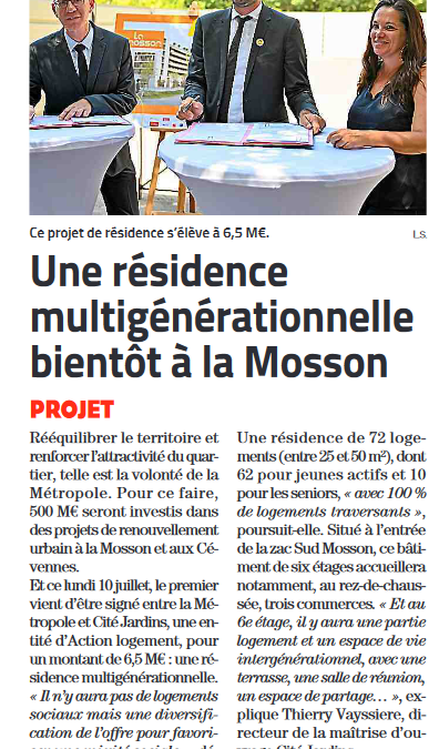 Une future résidence multigénérationnelle va voir le jour à la Mosson à Montpellier (Coralie Mantion – Midi Libre du 11 juillet 2023)