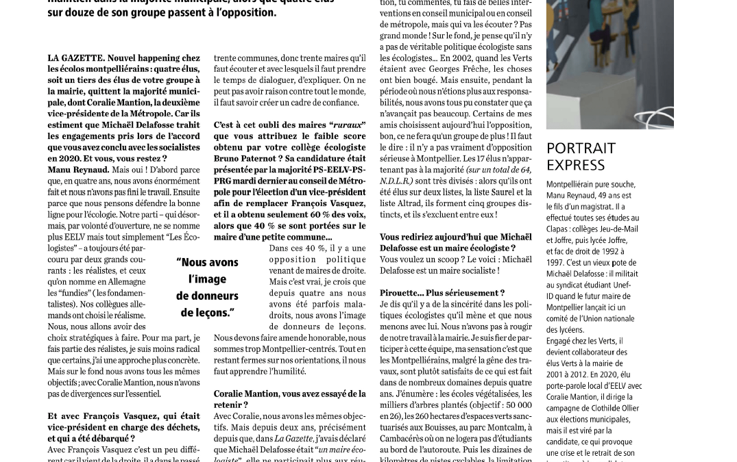 Interview de Manu Reynaud dans la Gazette de Montpellier (11 avril 2024)